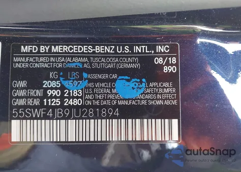 2018 Mercedes-Benz C 300 из США, поврежденный, VIN 55SWF4JB9JU281894